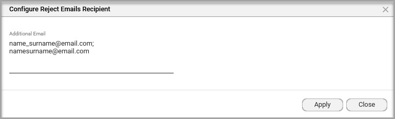 Rejection recipient configuration showing signer and collaborator checkboxes and a field for additional email addresses