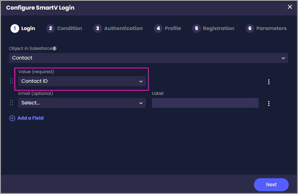 Configure SmartV Login screen with Contact ID selected in the required Value field.