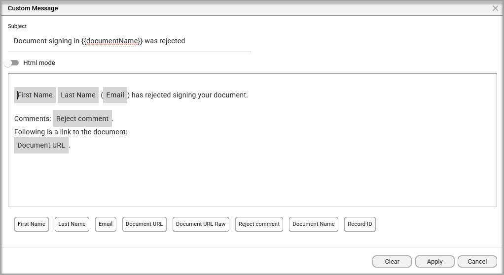 Custom Message screen for editing the signing rejected email subject and body