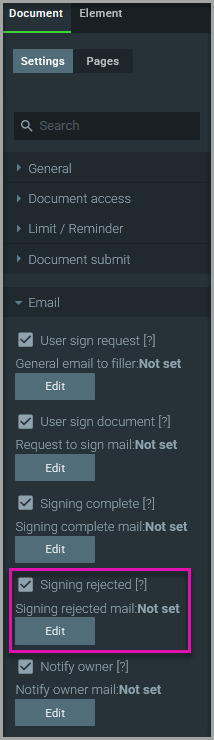 Titan Sign Email settings showing the Signing rejected option and Edit button