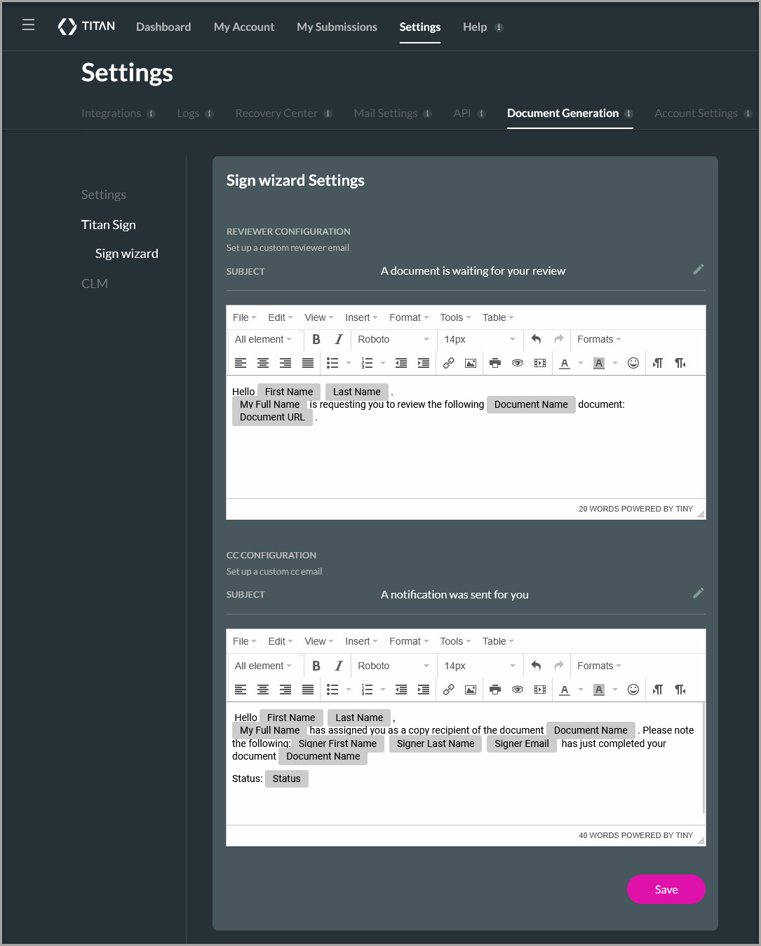 Titan Wizard settings showing options for editing the default reviewer and CC emails