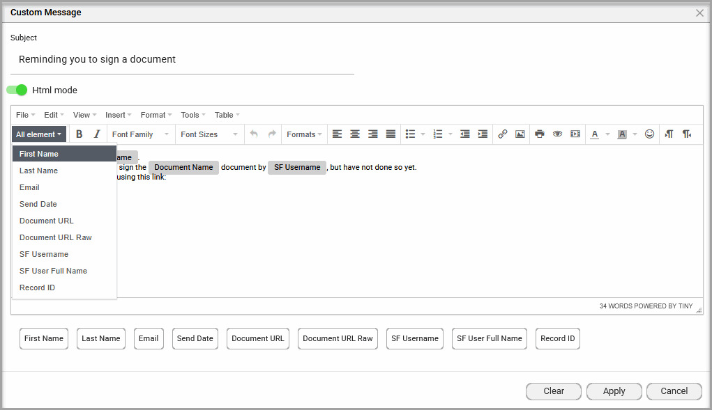 Custom Message screen showing the All elements list and HTML editing option