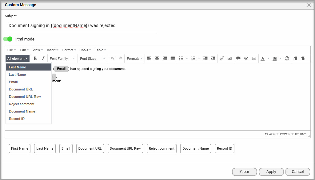 Custom Message screen showing the HTML option and Rich Text Editor for the signing rejected email