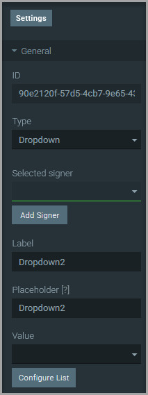 Dropdown element settings showing the Selected signer field and Add Signer button