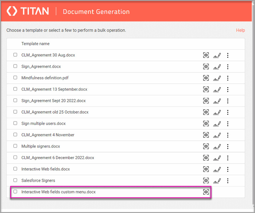 Salesforce FT Document Generation menu displaying the configured Titan Sign actions