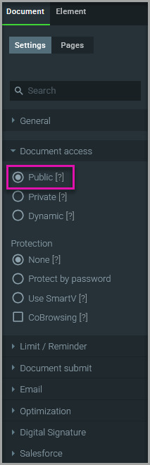 Document Access settings with the Public radio button selected