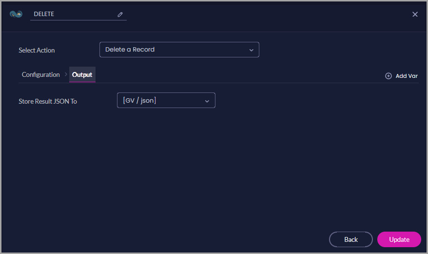 Delete a Record Output tab showing a JSON Flow variable selected for storing the deletion result.